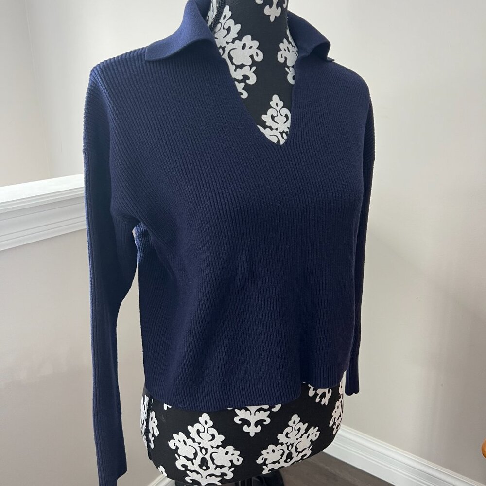 Navy Blue Ribbed Collared Sweater - Picture 2 of 6